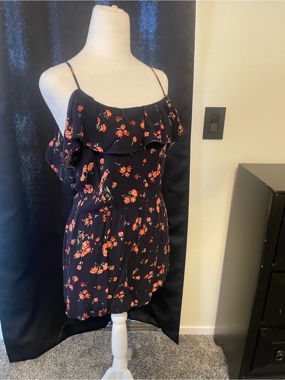 BE COOL Navy Floral Off-Shoulder Romper with Ruffle